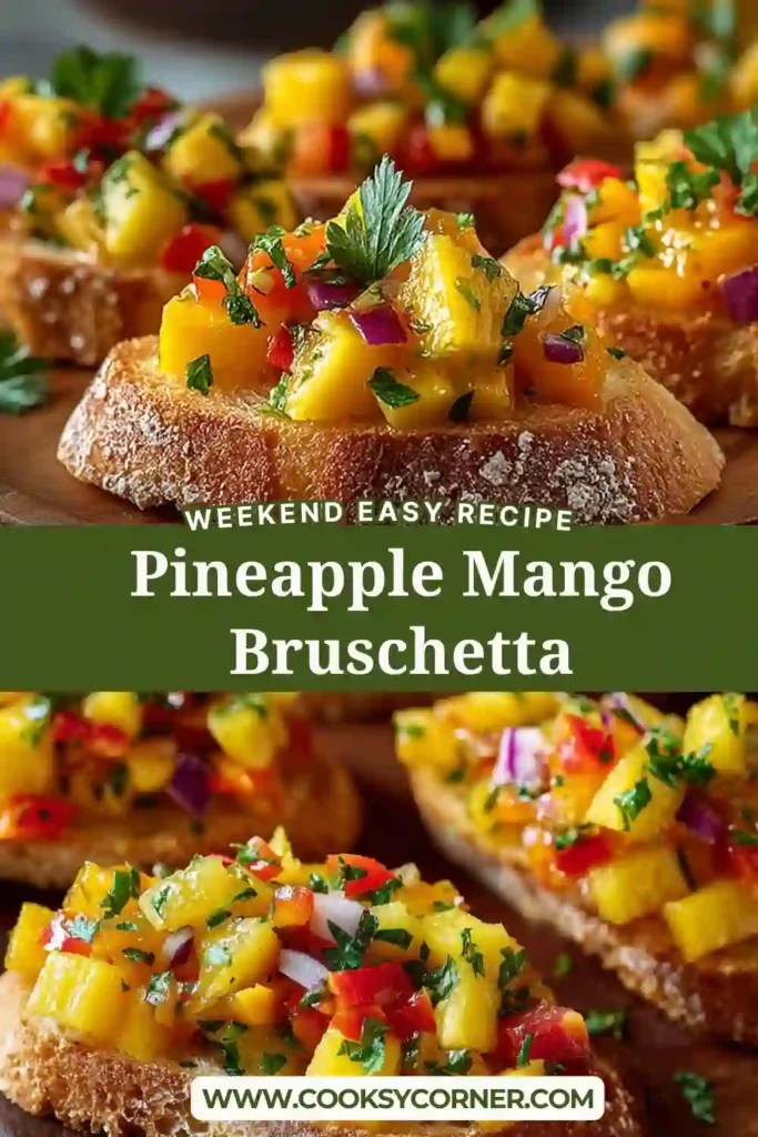 Fresh Pineapple Mango Bruschetta arranged on toasted baguette slices with tropical fruit topping and herbs. A refreshing fruit appetizer perfect for summer entertaining.