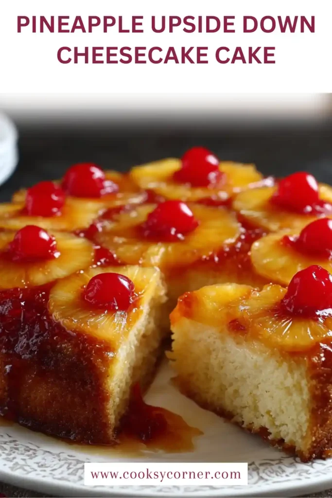 A Pineapple Upside-Down Cheesecake Cake topped with caramelized pineapple rings and bright cherries. The creamy cheesecake layer sits on a buttery graham cracker crust.