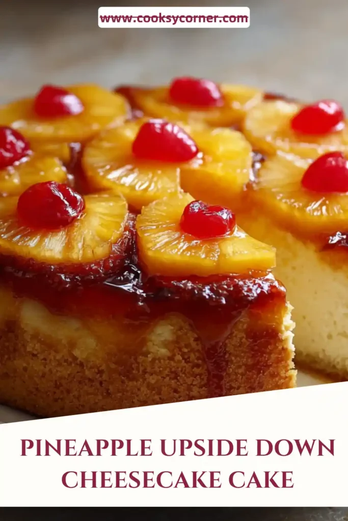 Golden pineapple slices and maraschino cherries decorate this rich Pineapple Upside-Down Cheesecake Cake. The dessert features a smooth cream cheese filling and tropical flavor.