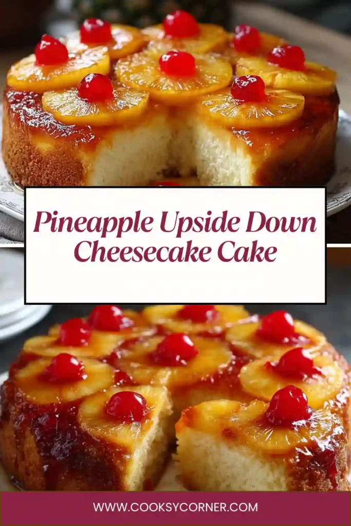Homemade Pineapple Upside-Down Cheesecake Cake served on a dessert plate. The cheesecake has a creamy texture with a sweet pineapple topping.
