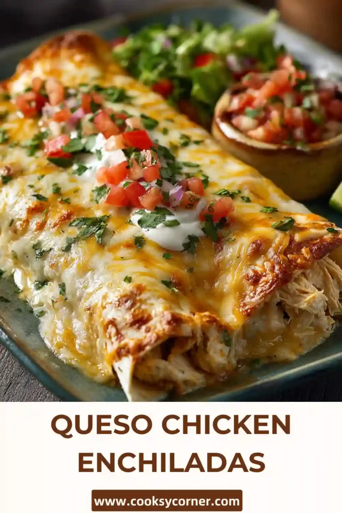 A baking dish filled with creamy Queso Chicken Enchiladas topped with melted queso cheese and enchilada sauce. This cheesy Tex-Mex dinner is warm, comforting, and family-friendly.