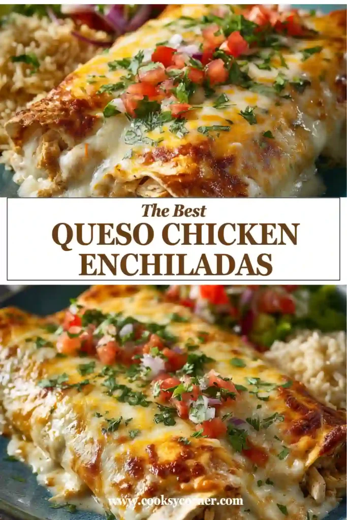 Close-up view of Queso Chicken Enchiladas made with shredded chicken, tortillas, and creamy queso sauce. The baked enchiladas are topped with melted cheese and black olives.