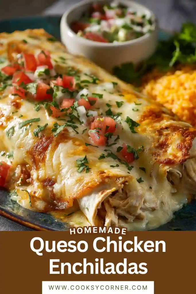 Freshly baked Queso Chicken Enchiladas served hot with creamy cheese sauce and flavorful enchilada sauce. A simple and easy Mexican-inspired dinner recipe.