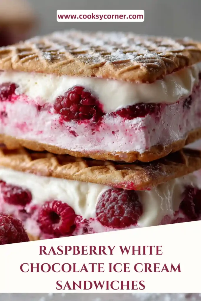 Close-up of raspberry white chocolate ice cream sandwiches showing ripple effect and biscuit layers. The texture appears smooth and indulgent.