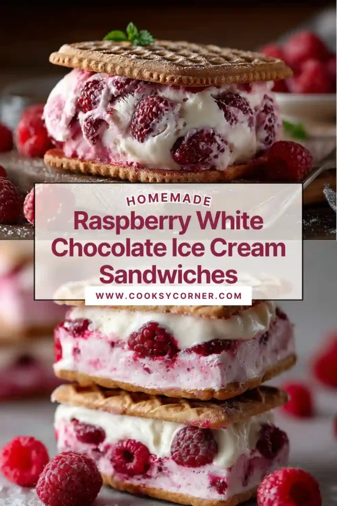 Homemade raspberry white chocolate ice cream sandwiches stacked with crunchy biscuits. The ice cream filling looks creamy and vibrant.