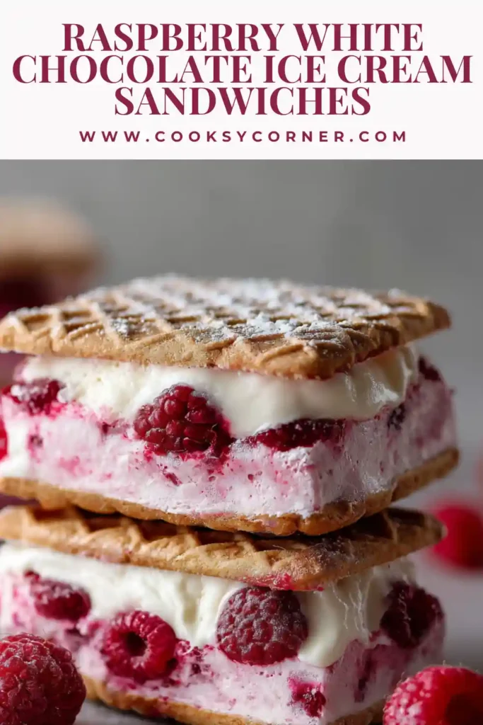 Raspberry white chocolate ice cream sandwiches with biscuit layers and creamy filling. The dessert shows a rich raspberry swirl and smooth texture.