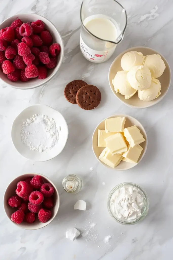 Frozen raspberry and white chocolate ice cream sandwiches served with fresh berries. The dessert looks refreshing and colorful.