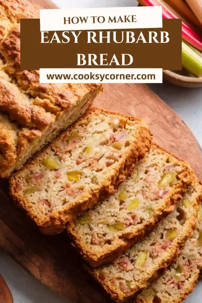 Close-up of moist Rhubarb Bread with slightly crisp top and soft interior filled with fresh rhubarb.