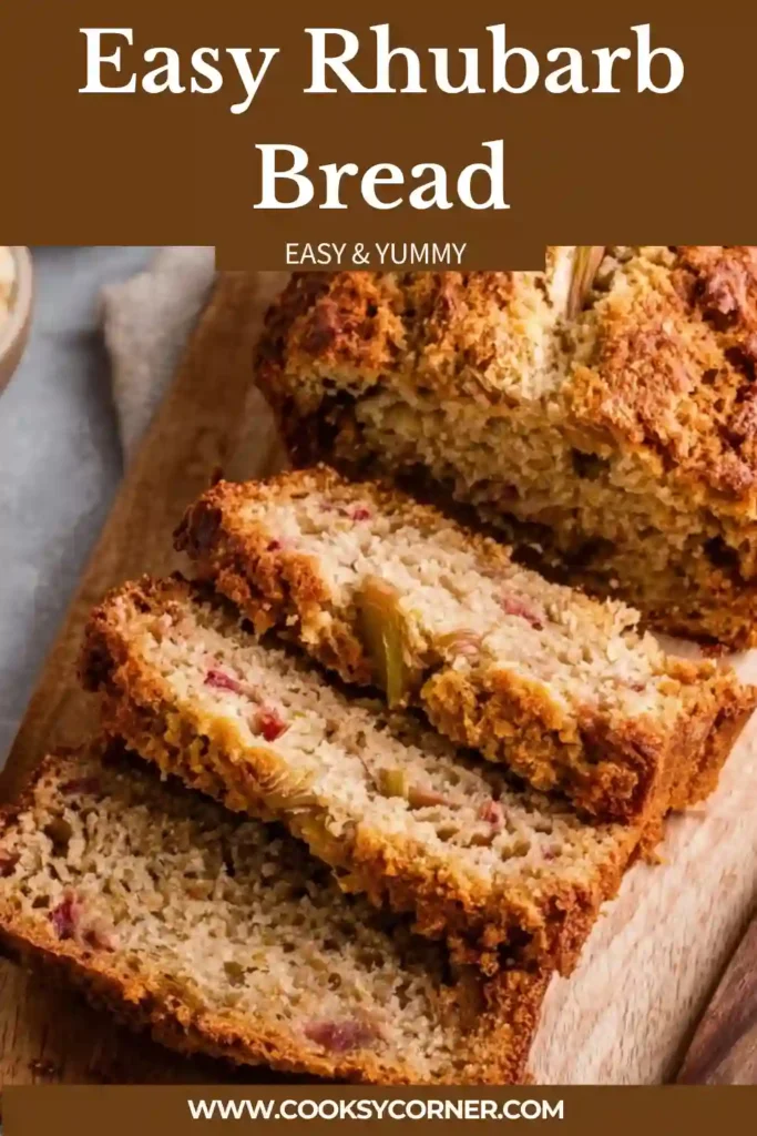 Homemade Rhubarb Bread sliced on a wooden board showing tender crumb and juicy rhubarb chunks.