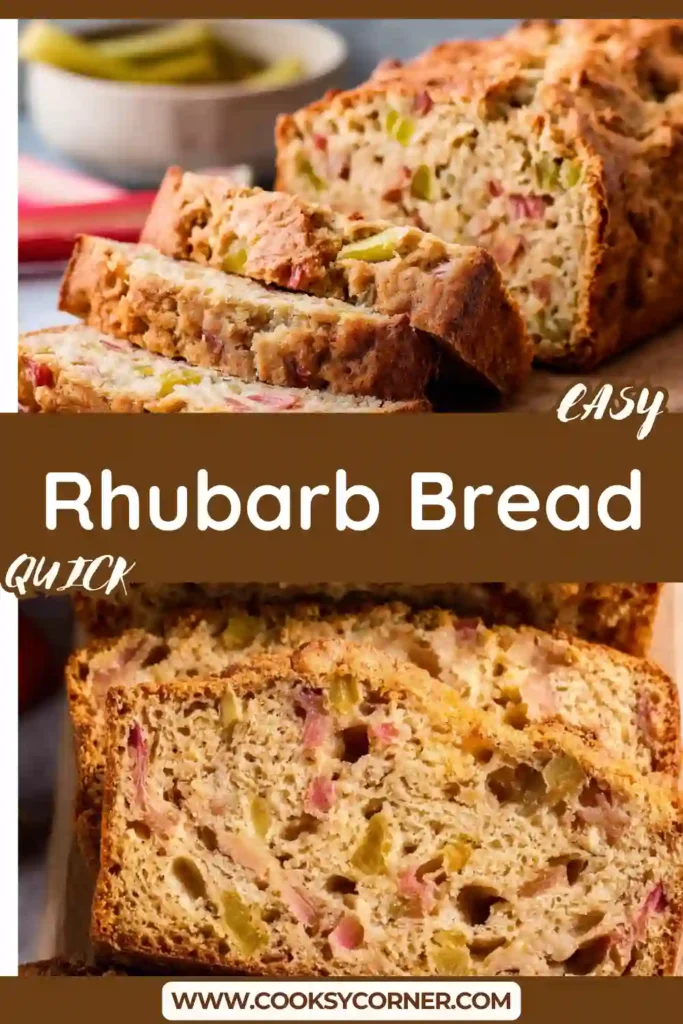 Freshly baked Rhubarb Bread loaf with golden crust and visible rhubarb pieces. Soft and moist texture perfect for slicing.