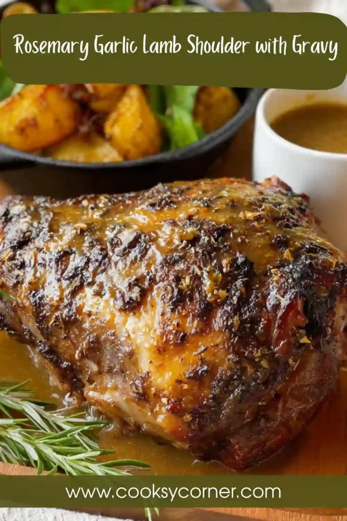 Oven-roasted lamb shoulder resting on a serving dish with carrots and onions, surrounded by savory gravy and herbs.