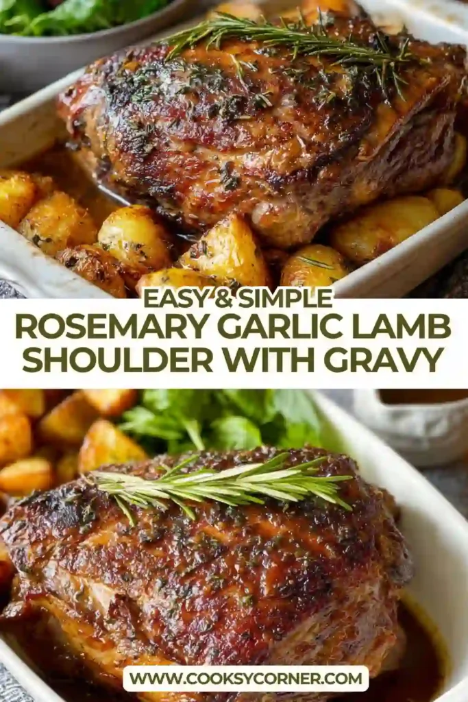 Close-up of shredded lamb shoulder infused with garlic and rosemary, topped with thick homemade gravy. The texture appears soft and flavorful.
