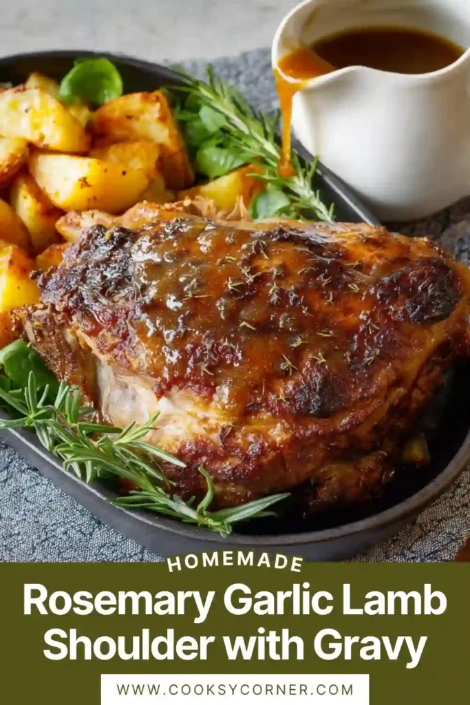 A slow roasted rosemary garlic lamb shoulder served with rich brown gravy and roasted vegetables on a platter. The meat looks tender and juicy, garnished with fresh rosemary.
