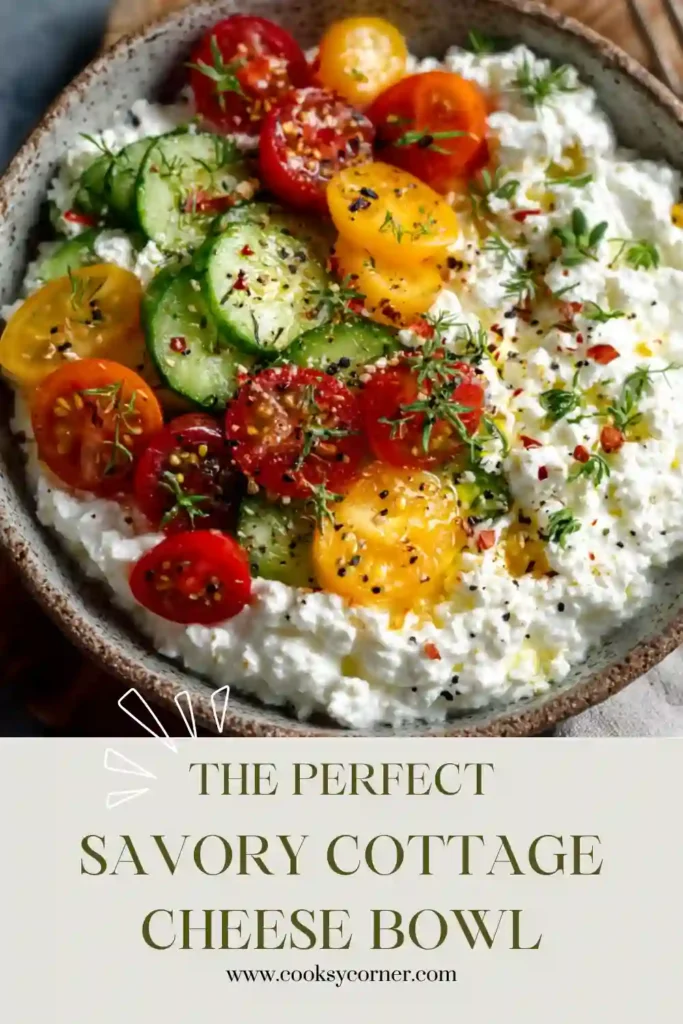 A savory cottage cheese bowl topped with cucumbers, bell peppers, grape tomatoes, fresh chives, and roasted pistachios. This healthy high-protein breakfast is colorful, fresh, and nutritious.