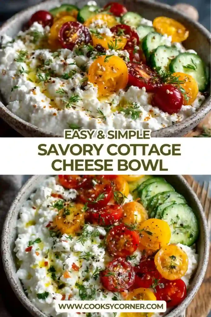 Creamy cottage cheese served with crisp vegetables and crunchy pistachios in a savory breakfast bowl. A quick and healthy cottage cheese recipe for busy mornings.