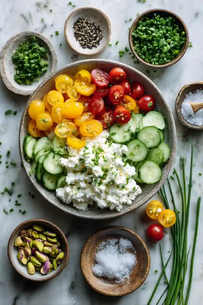Healthy savory cottage cheese bowl featuring colorful vegetables and roasted pistachios. A low-carb, high-protein breakfast packed with flavor and texture.