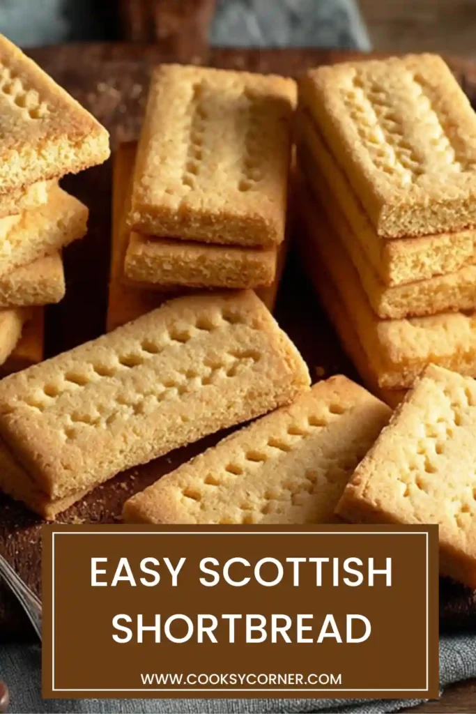 Classic Scottish Shortbread cookies stacked on a serving plate beside a cup of tea. The buttery cookies feature a delicate crumb and lightly golden edges.