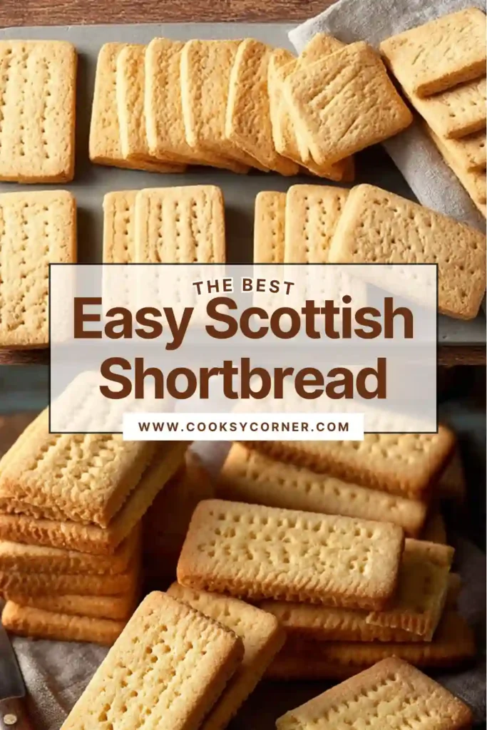 Homemade Scottish Shortbread cut into rectangular strips and baked until lightly browned. These buttery shortbread cookies are perfect for holiday dessert platters.