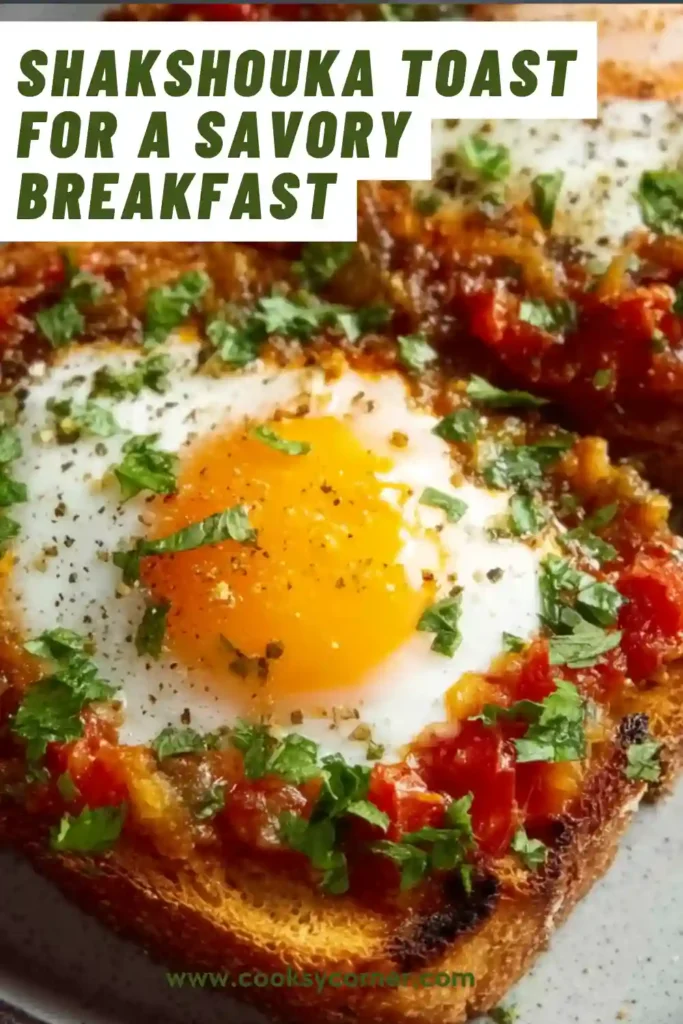 Close-up view of homemade Shakshouka Toast with smoky tomato sauce, soft eggs, and fresh herbs on crunchy toast.