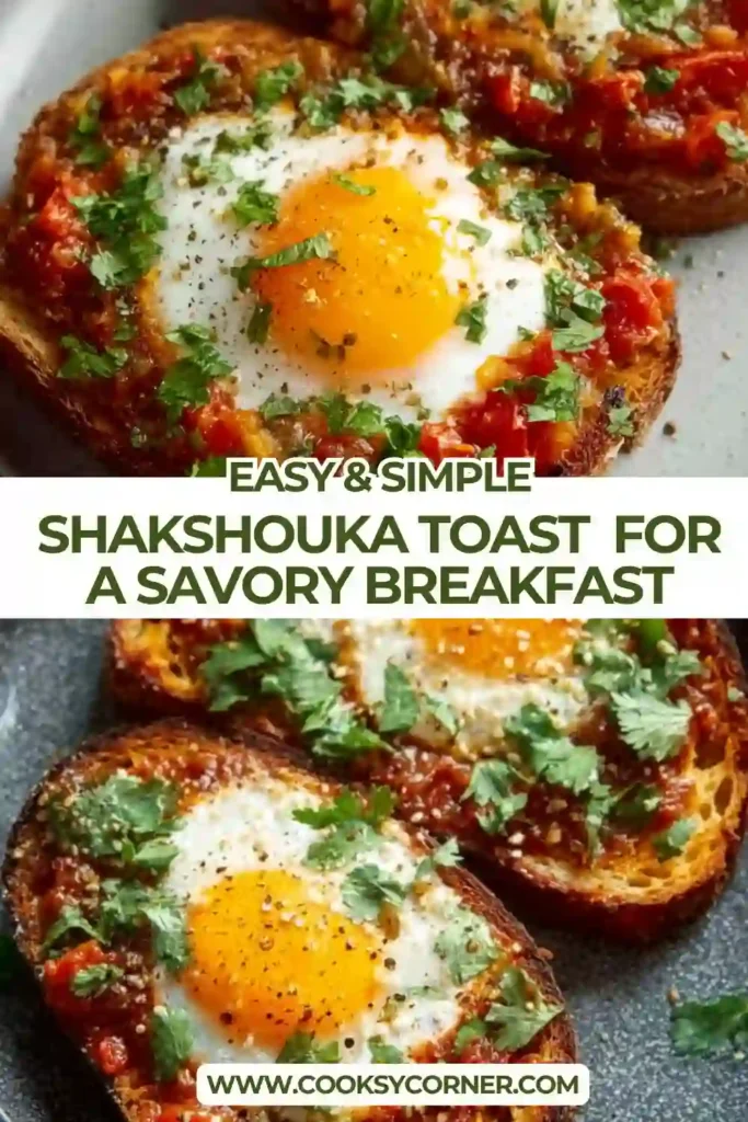 Savory Shakshouka Toast served with spiced tomato sauce and perfectly cooked eggs over toasted artisan bread for a Mediterranean breakfast.