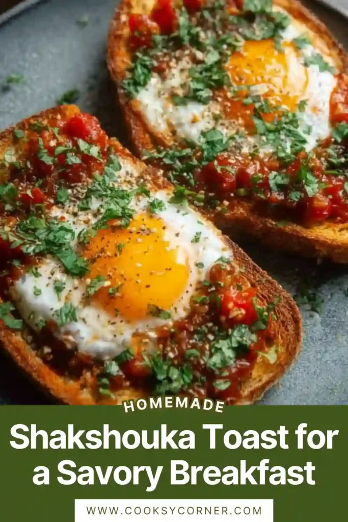 A plate of Shakshouka Toast topped with rich tomato sauce, runny eggs, fresh parsley, and crumbled feta cheese on crispy sourdough bread.
