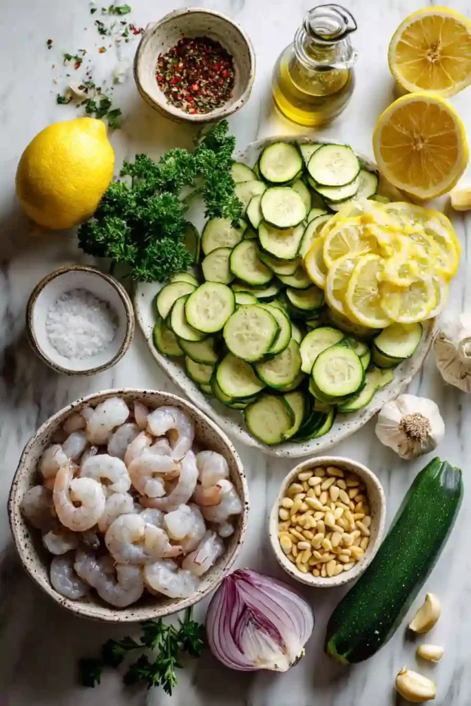 Close-up of lemon garlic shrimp and zucchini served directly from a sheet pan.