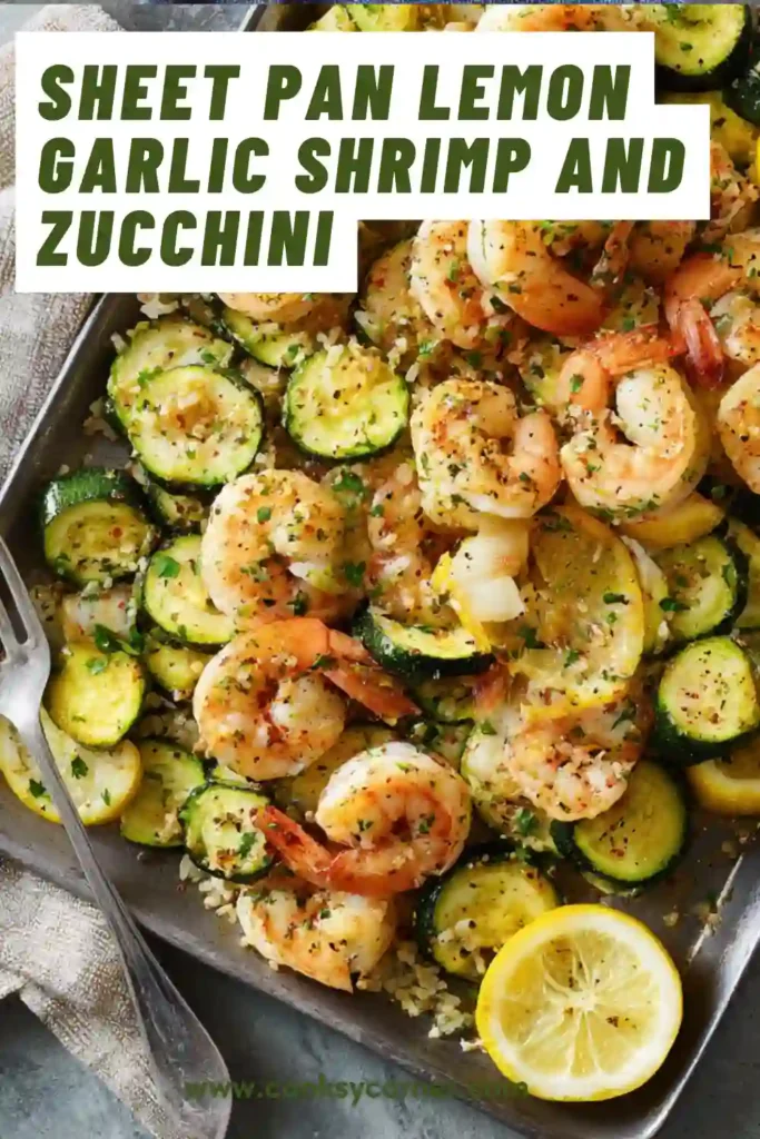 Roasted shrimp with zucchini slices and onions garnished with pine nuts and parsley.