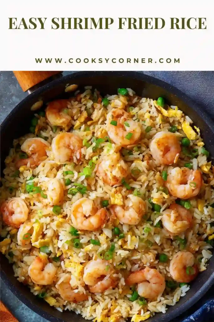 A bowl of homemade Shrimp Fried Rice filled with tender shrimp, fluffy rice, scrambled eggs, peas, and carrots. This easy shrimp fried rice recipe looks colorful, fresh, and perfect for dinner.