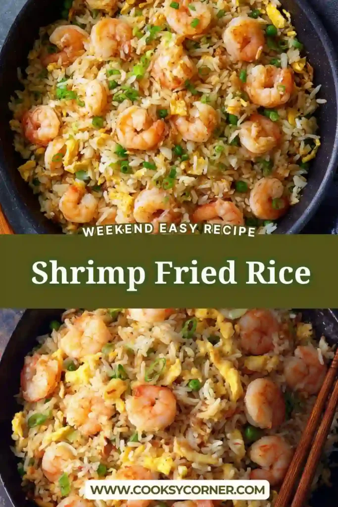 Close-up of Shrimp Fried Rice showing tender shrimp, fluffy grains of rice, and vibrant vegetables. A family-friendly meal that's easy to prepare.