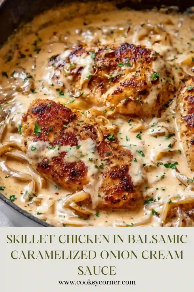 Skillet chicken served in a creamy balsamic caramelized onion sauce with fresh thyme. The tender chicken is coated in a rich golden cream sauce perfect for dinner.