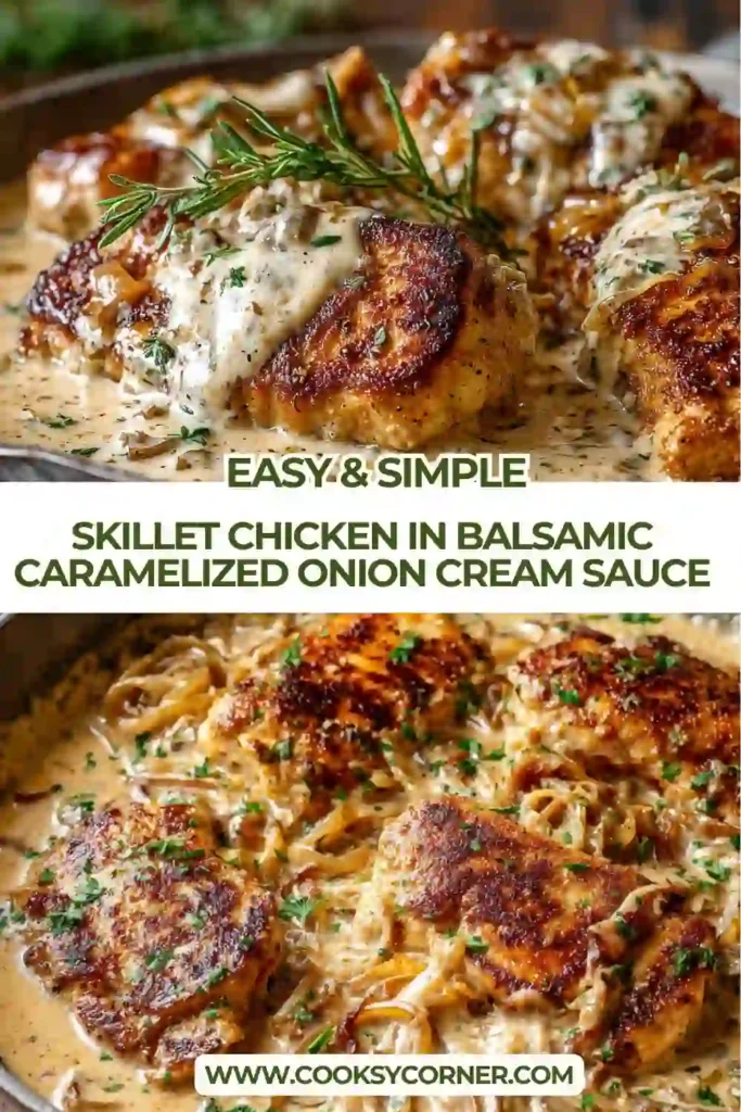 Creamy balsamic chicken skillet topped with caramelized onions in a rich homemade cream sauce. This easy one pan chicken recipe looks warm and comforting.