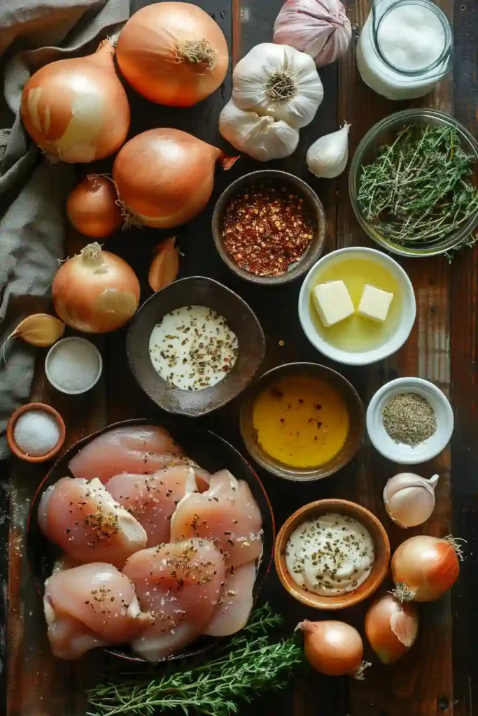 One pan skillet chicken with creamy balsamic sauce and sweet caramelized onions garnished with thyme. This hearty chicken dinner is rich and flavorful.