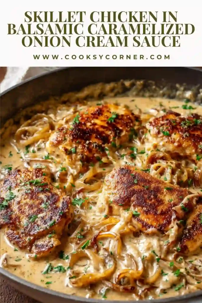 Juicy chicken breasts cooked in balsamic onion cream sauce inside a skillet. The creamy sauce and caramelized onions create an elegant comfort food meal.