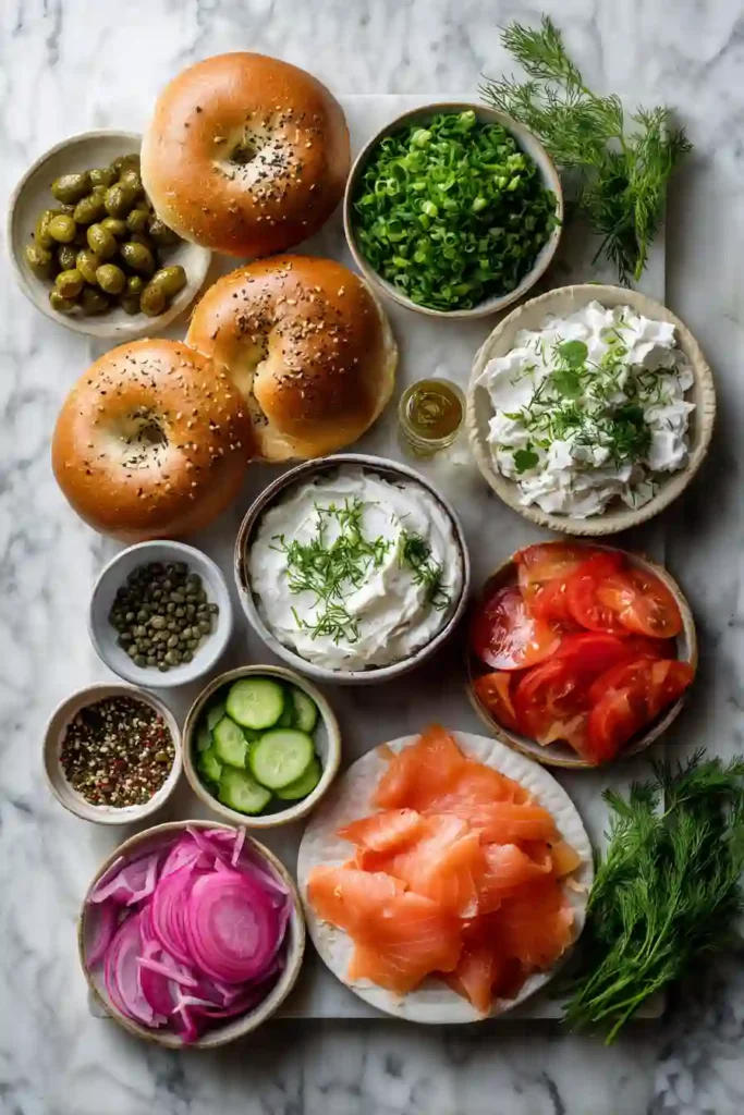 Homemade smoked salmon bagel sandwich served with microgreens and capers.