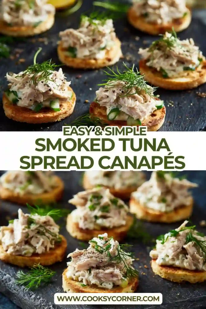 Close-up of smoked tuna spread appetizer with herbs and crunchy base, perfect for parties.