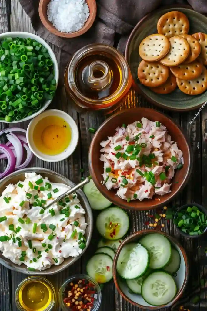 Homemade smoked tuna spread served on almond crackers with cucumber slices and garnish.