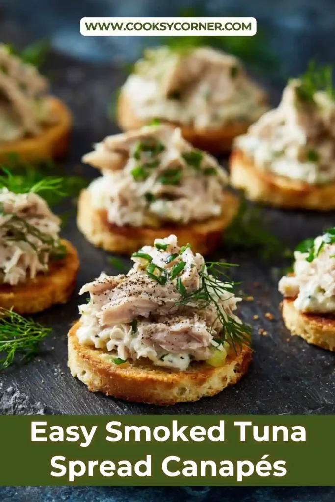 Smoked tuna spread canapés served on crackers and cucumber slices with fresh chives garnish. Creamy texture and elegant presentation.