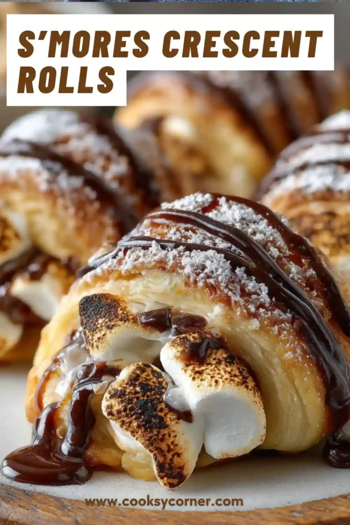 Freshly baked S’mores Crescent Rolls filled with Nutella, marshmallows, chocolate chips, and graham crackers. The flaky golden pastry is drizzled with melted chocolate spread.