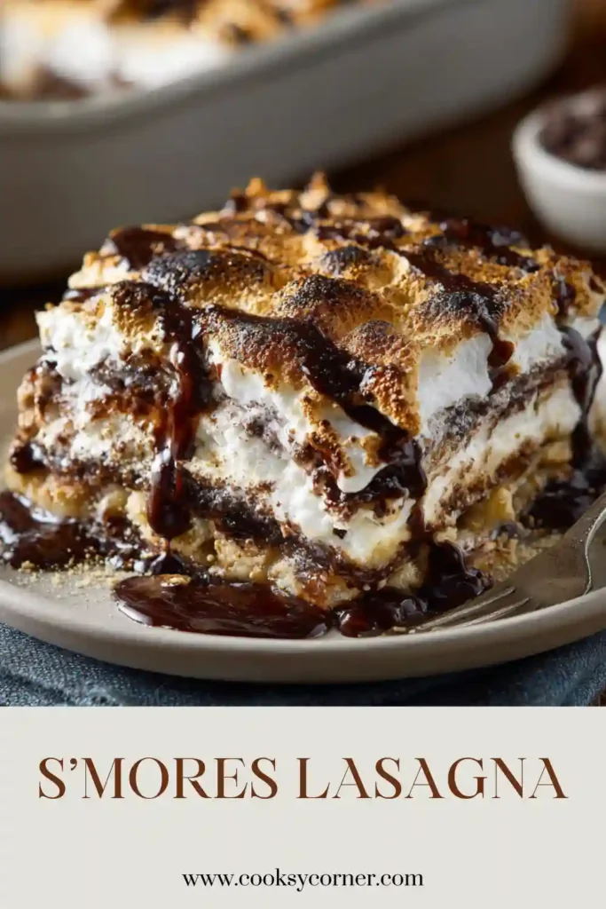 A slice of S’mores Lasagna topped with chocolate whipped cream, toasted marshmallows, and hot fudge drizzle on a dessert plate. The layered no-bake dessert features graham crackers, chocolate pudding, and marshmallow filling.