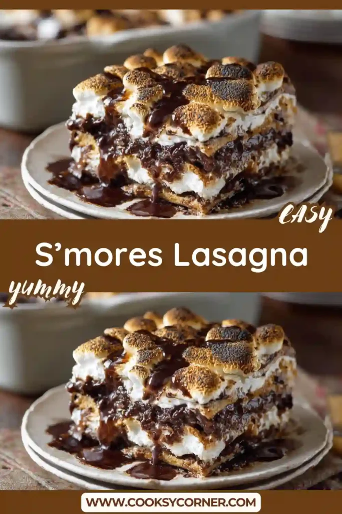 Creamy S’mores Lasagna layered with chocolate pudding, marshmallow fluff, and graham crackers in a glass baking dish. Toasted marshmallows and chocolate drizzle create a rich dessert topping.