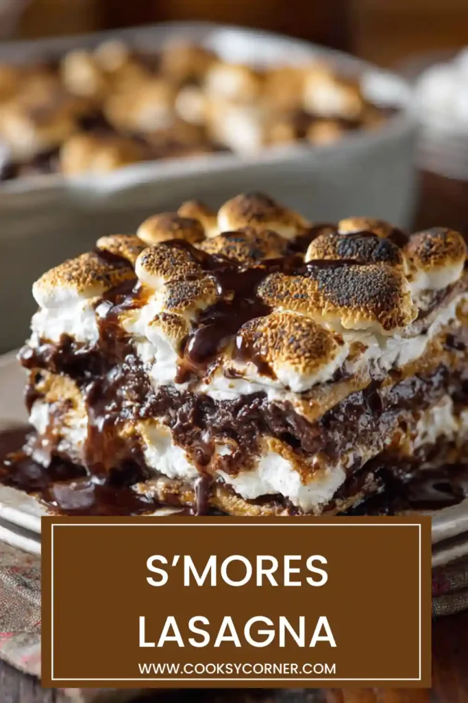 No-bake S’mores Lasagna dessert with fluffy chocolate whipped cream and crunchy graham cracker crumbs. This easy layered dessert is chilled and served in thick creamy slices.