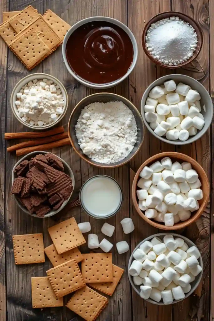 Chocolate and marshmallow S’mores Lasagna topped with toasted marshmallows and hot fudge sauce. The layered dessert combines smooth pudding and crunchy graham crackers.