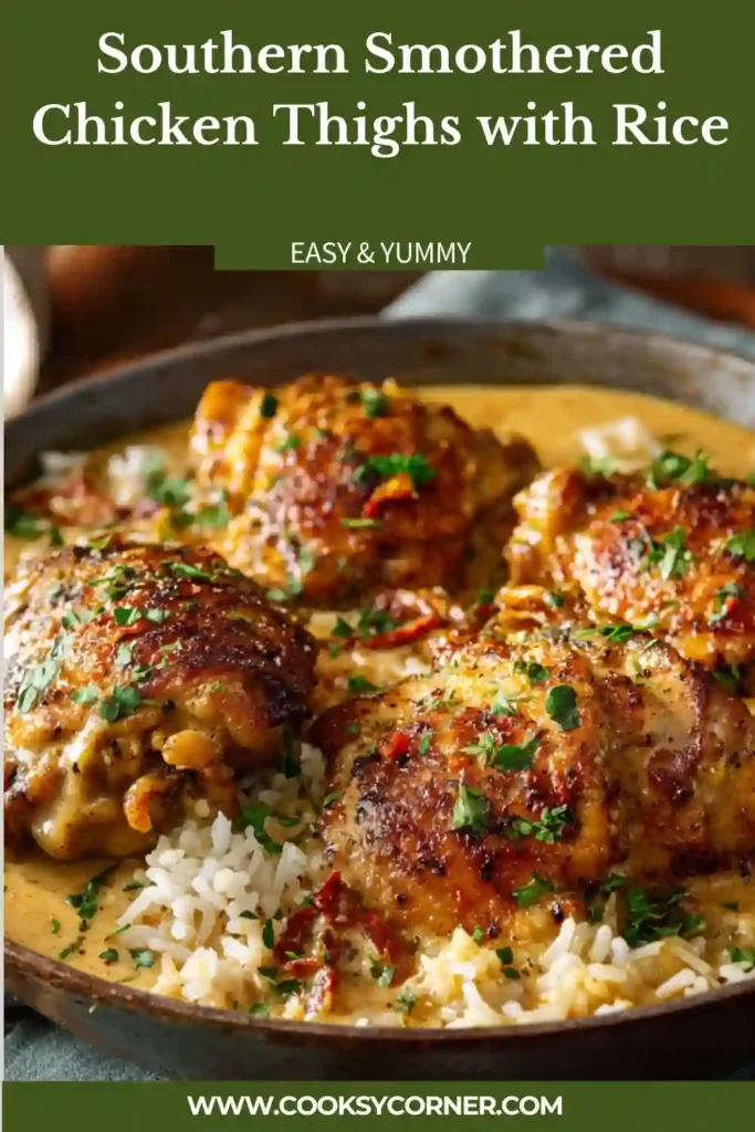 Southern Smothered Chicken Thighs served over white rice with creamy onion gravy in a cast-iron skillet. This comforting Southern dinner looks rich, hearty, and homemade.