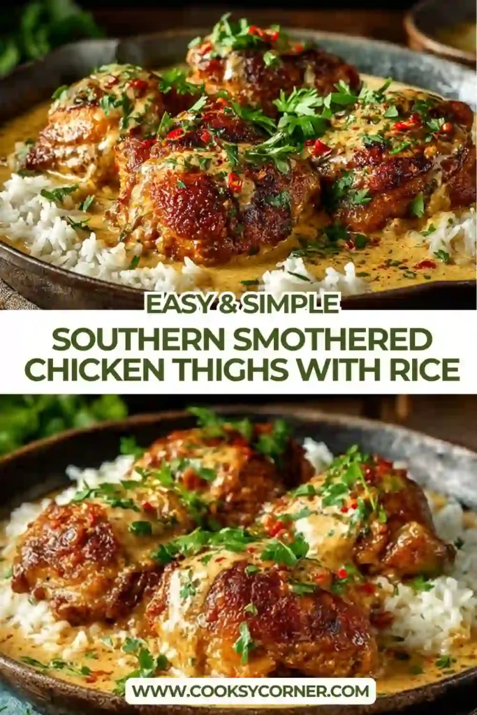 Golden brown chicken thighs smothered in savory homemade gravy and served with fluffy rice. A classic Southern comfort food recipe perfect for family dinners.
