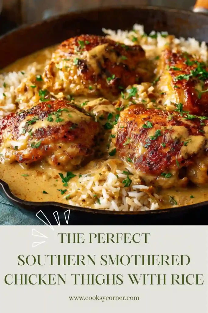 Creamy Southern smothered chicken with onions and rich gravy spooned over steamed white rice. This easy chicken thigh recipe is warm and satisfying.