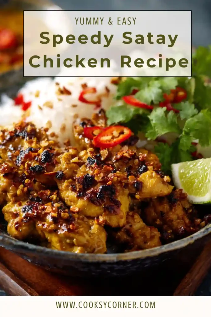 Homemade speedy satay chicken recipe plated with rice and fresh vegetables, showcasing its rich texture and vibrant colors.