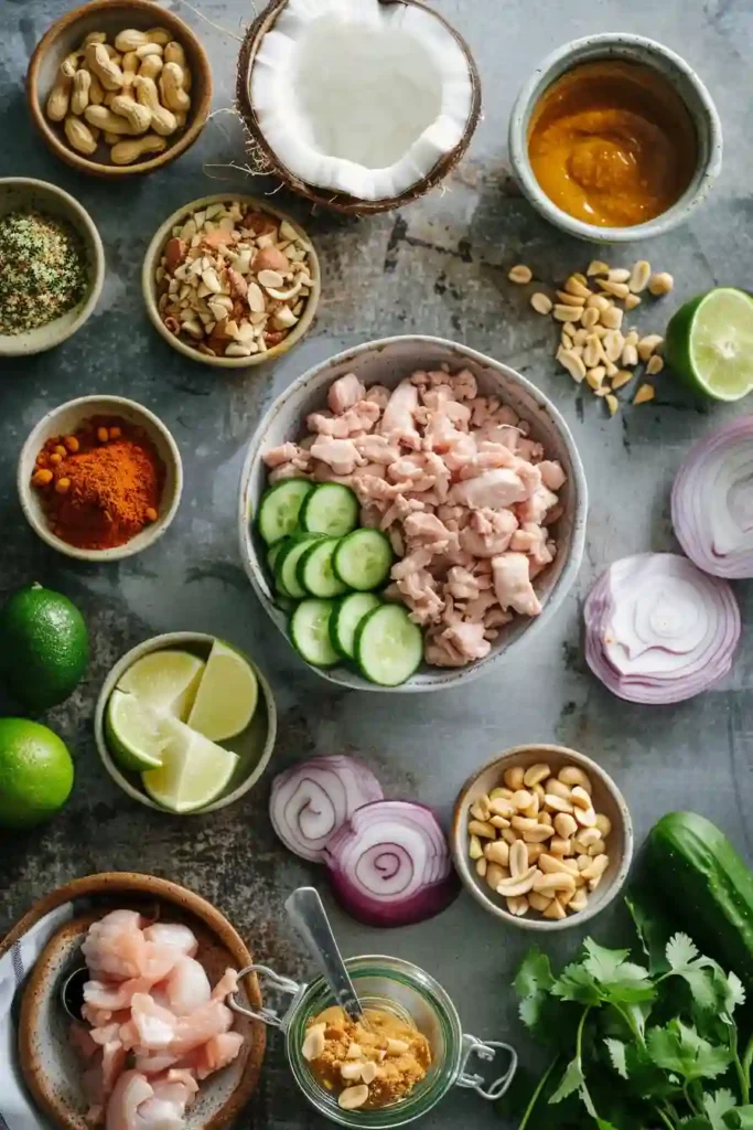 Asian-inspired peanut chicken dish with tender chicken mince, creamy sauce, and fresh garnishes on top.