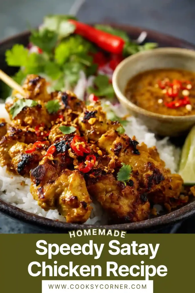A bowl of speedy satay chicken served over jasmine rice with peanuts, cucumber, and lime wedges. The creamy peanut sauce coats the chicken perfectly.