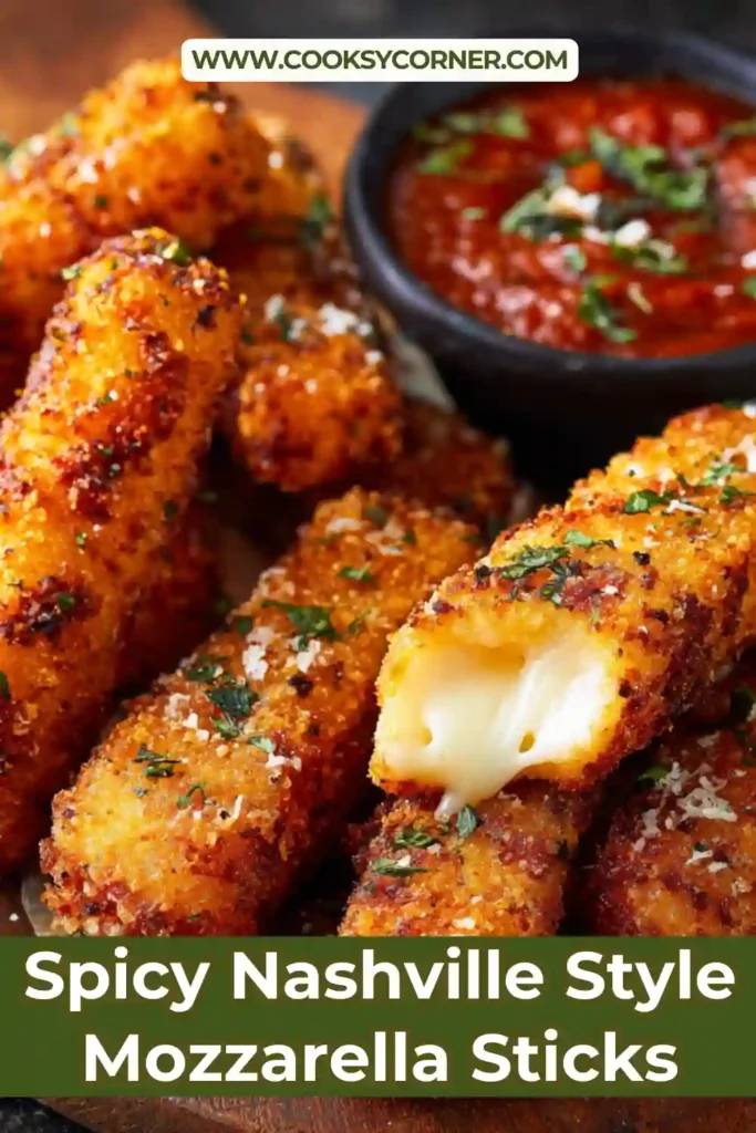 Golden Spicy Nashville-Style Mozzarella Sticks served hot with melted cheese and crispy seasoned coating. These spicy mozzarella sticks are perfect for appetizers and party snacks.