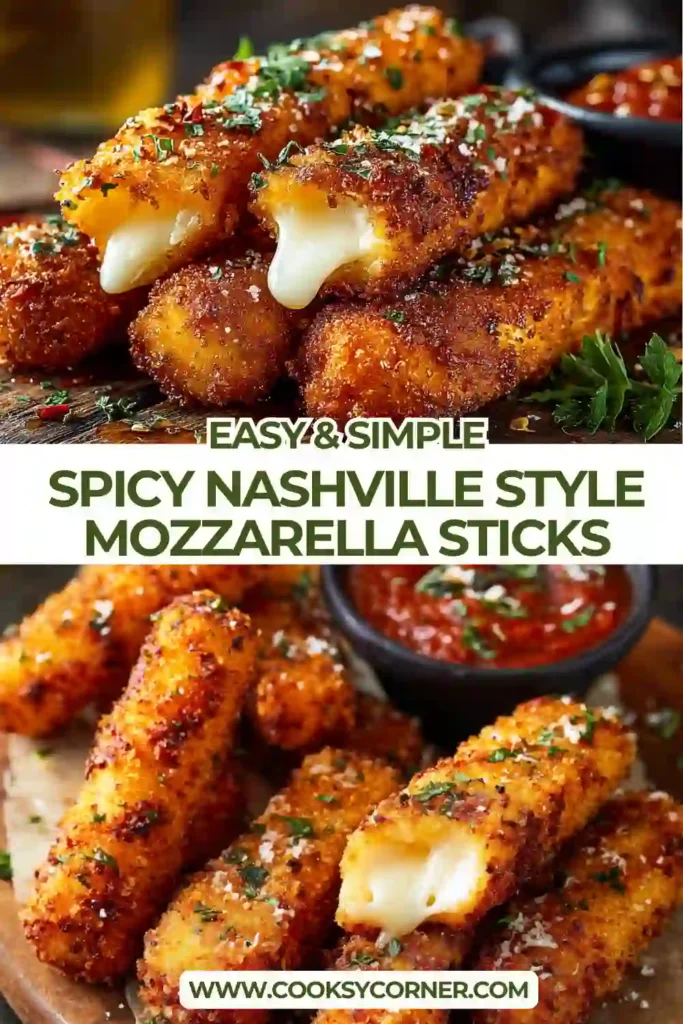 Close-up of crispy Nashville hot mozzarella sticks with stretchy melted cheese and spicy breadcrumb coating. A delicious fried cheese appetizer for game day gatherings.